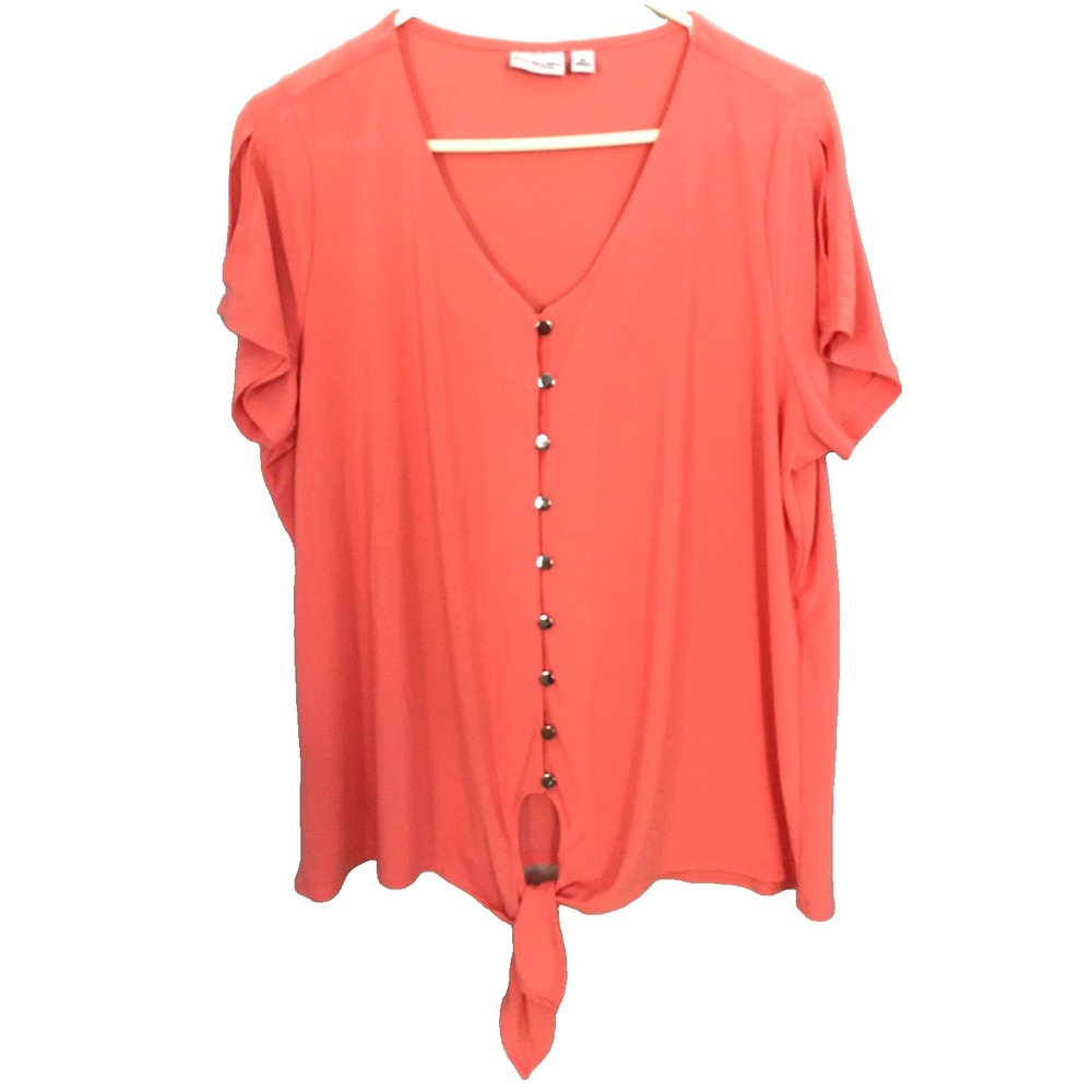 Kim Rogers Curvy Top Womens 1X Coral Tie Front Button Vneck Short Sleeve Stretch
